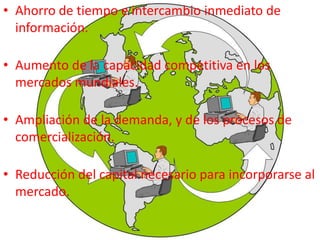 • Ahorro de tiempo e intercambio inmediato de
información.
• Aumento de la capacidad competitiva en los
mercados mundiales.
• Ampliación de la demanda, y de los procesos de
comercialización.
• Reducción del capital necesario para incorporarse al
mercado.
 