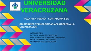 UNIVERSIDAD
VERACRUZANA
POZA RICA-TUXPAN CONTADURIA SEA
SOLUCIONES TECNOLÓGICAS APLICABLES A LA
ORGANIZACIÓN
INTEGRANTES:
PATRICIA MORALES CASTELAN
AMALIA BERENICE NARANJO SANDOVAL
ERICK GERARDO REYES DIAZ
ANA MARIA TELLEZ AGUILERA
 