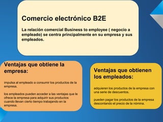 Comercio electrónico B2E
La relación comercial Business to employee ( negocio a
empleado) se centra principalmente en su empresa y sus
empleados.
Ventajas que obtiene la
empresa:
impulsa al empleado a consumir los productos de la
empresa.
los empleados pueden acceder a las ventajas que le
ofrece la empresa para adquirir sus productos
cuando llevan cierto tiempo trabajando en la
empresa.
Ventajas que obtienen
los empleados:
adquieren los productos de la empresa con
una serie de descuentos.
pueden pagar los productos de la empresa
descontando el precio de la nómina.
 