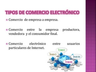  Comercio de empresa a empresa.
 Comercio entre la empresa productora,
vendedora y el consumidor final.
 Comercio electrónico entre usuarios
particulares de Internet.
 