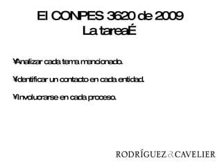 Analizar cada tema mencionado. Identificar un contacto en cada entidad. Involucrarse en cada proceso.  El CONPES 3620 de 2009  La tarea… 