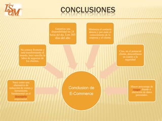 CONCLUSIONES

                                       Garantiza una         Minimiza el contacto
                                    disponibilidad las 24    directo y por ende el
                                   horas del día. Los 365     conocimiento de la
                                       días del año          empresa y el cliente



         No conoce fronteras y
                                                                                     Crea, en el potencial
         está transformando al
                                                                                     cliente, desconfianza
         mundo, hace sencilla la
                                                                                         en cuanto a la
          labor de negocios de
                                                                                           seguridad
               los clientes,




   Nace como una
    alternativa de
                                                                                               Mayor porcentaje de
reducción de costos y                              Conclusion de                                riesgos, fraude o
     herramienta
                                                                                               alteración de datos
  fundamental en el                                E-Commerce                                      personales.
     desempeño
     empresarial.
 