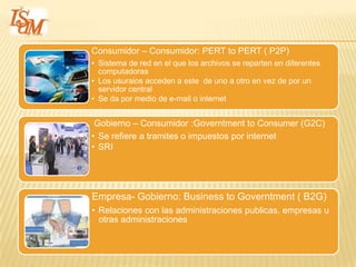 Consumidor – Consumidor: PERT to PERT ( P2P)
• Sistema de red en el que los archivos se reparten en diferentes
  computadoras
• Los usuraios acceden a este de uno a otro en vez de por un
  servidor central
• Se da por medio de e-mail o internet


 Gobierno – Consumidor :Governtment to Consumer (G2C)
• Se refiere a tramites o impuestos por internet
• SRI




Empresa- Gobierno: Business to Governtment ( B2G)
• Relaciones con las administraciones publicas, empresas u
  otras administraciones
 