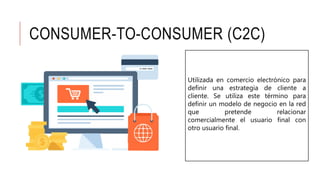 CONSUMER-TO-CONSUMER (C2C)
Utilizada en comercio electrónico para
definir una estrategia de cliente a
cliente. Se utiliza este término para
definir un modelo de negocio en la red
que pretende relacionar
comercialmente el usuario final con
otro usuario final.
 