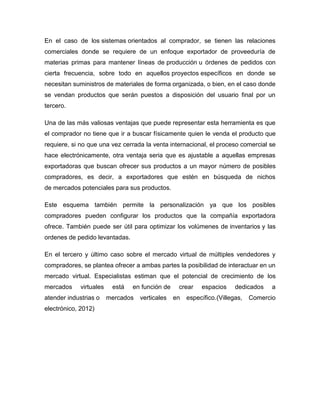 En el caso de los sistemas orientados al comprador, se tienen las relaciones
comerciales donde se requiere de un enfoque exportador de proveeduría de
materias primas para mantener líneas de producción u órdenes de pedidos con
cierta frecuencia, sobre todo en aquellos proyectos específicos en donde se
necesitan suministros de materiales de forma organizada, o bien, en el caso donde
se vendan productos que serán puestos a disposición del usuario final por un
tercero.
Una de las más valiosas ventajas que puede representar esta herramienta es que
el comprador no tiene que ir a buscar físicamente quien le venda el producto que
requiere, si no que una vez cerrada la venta internacional, el proceso comercial se
hace electrónicamente, otra ventaja seria que es ajustable a aquellas empresas
exportadoras que buscan ofrecer sus productos a un mayor número de posibles
compradores, es decir, a exportadores que estén en búsqueda de nichos
de mercados potenciales para sus productos.
Este esquema también permite la personalización ya que los posibles
compradores pueden configurar los productos que la compañía exportadora
ofrece. También puede ser útil para optimizar los volúmenes de inventarios y las
ordenes de pedido levantadas.
En el tercero y último caso sobre el mercado virtual de múltiples vendedores y
compradores, se plantea ofrecer a ambas partes la posibilidad de interactuar en un
mercado virtual. Especialistas estiman que el potencial de crecimiento de los
mercados virtuales está en función de crear espacios dedicados a
atender industrias o mercados verticales en específico.(Villegas, Comercio
electrónico, 2012)
 