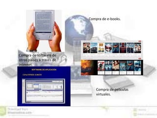 Compra de e-books.
Compra de películas
virtuales.
Compra de software de
otros países a través de
internet.