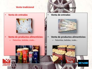 Venta tradicional                   Venta tradicional

• Venta de entradas                  • Venta de entradas




• Venta de productos alimenticios:   • Venta de productos alimenticios:
    –   Palomitas, bebidas, snaks…       – Palomitas, bebidas, snaks…
 