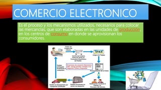COMERCIO ELECTRONICO
Es el proceso y los mecanismos utilizados, necesarios para colocar
las mercancías, que son elaboradas en las unidades de producción,
en los centros de consumo en donde se aprovisionan los
consumidores.
 