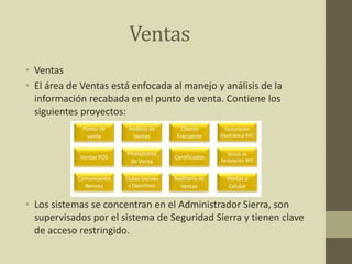Ventas
• Ventas
• El área de Ventas está enfocada al manejo y análisis de la
información recabada en el punto de venta. Contiene los
siguientes proyectos:
• Los sistemas se concentran en el Administrador Sierra, son
supervisados por el sistema de Seguridad Sierra y tienen clave
de acceso restringido.
 