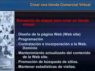 Crear una tienda Comercial Virtual
Secuencia de etapas para crear un tienda
virtual:
. Diseño de la página Web (Web site)
. Programación
. Contratación e incorporación a la Web.
Dominio
. Mantenimiento actualizado del contenido
de la Web site.
. Promoción de búsqueda de sitios.
. Mantener estadísticas de visitas.
 