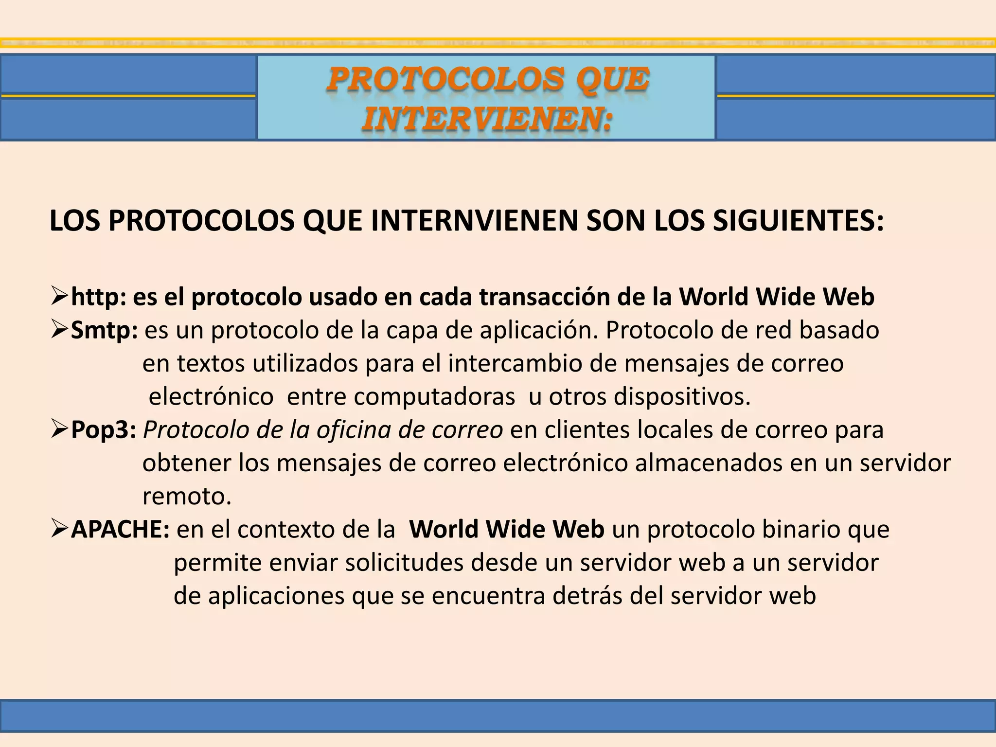 PROTOCOLOS QUE
                         INTERVIENEN:


LOS PROTOCOLOS QUE INTERNVIENEN SON LOS SIGUIENTES:

http: es el protocolo usado en cada transacción de la World Wide Web
Smtp: es un protocolo de la capa de aplicación. Protocolo de red basado
        en textos utilizados para el intercambio de mensajes de correo
         electrónico entre computadoras u otros dispositivos.
Pop3: Protocolo de la oficina de correo en clientes locales de correo para
        obtener los mensajes de correo electrónico almacenados en un servidor
        remoto.
APACHE: en el contexto de la World Wide Web un protocolo binario que
           permite enviar solicitudes desde un servidor web a un servidor
           de aplicaciones que se encuentra detrás del servidor web
 