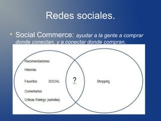Redes sociales.

    Social Commerce: ayudar a la gente a comprar
    donde conectan, y a conectar donde compran.
 