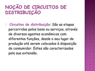     Circuitos de distribuição: São as etapas
    percorridas pelos bens ou serviços, através
    de diversos agentes económicos com
    diferentes funções, desde o seu lugar de
    produção até serem colocados à disposição
    do consumidor. Estes são caracterizados
    pela sua extensão.
 