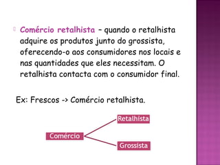     Comércio retalhista – quando o retalhista
     adquire os produtos junto do grossista,
     oferecendo-o aos consumidores nos locais e
     nas quantidades que eles necessitam. O
     retalhista contacta com o consumidor final.


    Ex: Frescos -> Comércio retalhista.
 