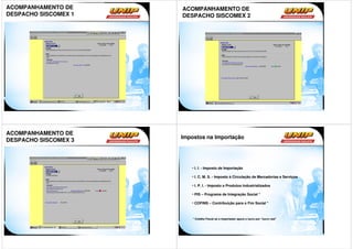 ACOMPANHAMENTO DE     ACOMPANHAMENTO DE
DESPACHO SISCOMEX 1   DESPACHO SISCOMEX 2




ACOMPANHAMENTO DE
                      Impostos na Importação
DESPACHO SISCOMEX 3



                         • I. I. - Imposto de Importação

                         • I. C. M. S. - Imposto à Circulação de Mercadorias e Serviços

                         • I. P. I. - Imposto a Produtos Industrializados

                         • PIS – Programa de Integração Social *

                         • COFINS – Contribuição para o Fim Social *



                          * Crédito Fiscal se o importador apura o lucro por “lucro real”
 