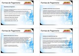 Formas de Pagamento                                                                   Formas de Pagamento

  Modalidades de Pagamento

                                                                                        PAGAMENTO ANTECIPADO (Advanced Payment)
  A escolha da modalidade de pagamento é feita de comum acordo entre o exportador
  e o importador e vai depender,                                                        O importador remete previamente o valor da transação, após o que, o exportador
  basicamente, do grau de confiança comercial existente entre as partes, das            providencia a exportação da mercadoria e o envio da respectiva documentação. Do
  exigências do país importador e das disponibilidades das linhas de financiamento.     ponto de vista cambial, o exportador deve providenciar, obrigatoriamente, o contrato
                                                                                        de câmbio, antes do embarque, junto a um banco, pelo qual receberá reais em troca
  As principais modalidades de pagamento utilizadas no comércio internacional são:      da moeda estrangeira, cuja conversão é definida pela taxa de câmbio vigente no dia.

  • Pagamento Antecipado (Advanced Payment)                                             Esta modalidade de pagamento não é muito freqüente, pois coloca o importador na
                                                                                        dependência do exportador.
  • Remessa sem Saque (Clean Collection)

  • Cobrança Documentária (Sight Draft)

  • Carta de Crédito (Letter of Credit - L/C)




Formas de Pagamento                                                                   Formas de Pagamento

 REMESSA SEM SAQUE (Clean Collection)
                                                                                       COBRANÇA DOCUMENTÁRIA (Sight Draft)
 O importador recebe diretamente do exportador os documentos de embarque, sem o
 saque promove o desembaraço da mercadoria na alfândega e, posteriormente,             Ao contrário das duas modalidades anteriores, a cobrança documentária é
 providencia a remessa da quantia respectiva diretamente para o exportador.            caracterizada pelo manuseio de documentos pelos bancos.
 Esta modalidade de pagamento é de alto risco para o exportador, uma vez que, em
 caso de inadimplência, não há nenhum título de crédito que lhe garanta a              Os bancos intervenientes nesse tipo de operação são meros cobradores internacionais
 possibilidade de protesto e início de ação judicial. No entanto, quando               de uma operação de exportação, cuja transação foi fechada diretamente entre o
 existir confiança entre o comprador e o vendedor, possui algumas vantagens, entre     exportador e o importador, não lhes cabendo a responsabilidade quanto ao resultado da
 as quais:                                                                             cobrança documentária.

 • Agilidade na tramitação de documentos                                               Para que o importador possa desembaraçar a mercadoria na alfândega, ele necessita
 • Isenção ou redução de despesas bancárias.                                           ter em mãos os documentos apresentados para cobrança. Portanto, após retirar os
                                                                                       documentos do banco, pagando à vista ou aceitando (assina,
                                                                                       manifestando concordância) a cambial para posterior pagamento, o importador estará
                                                                                       apto a liberar a mercadoria.
 