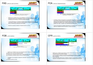 FAS       (LIVRE AO LADO DO NAVIO)                                                                      FCA       (LIVRE NO TRANSPORTADOR)




          •   Significa que o vendedor encerra suas obrigações no momento em que a mercadoria for
              colocada ao longo do navio transportador, no cais ou em embarcações utilizadas para
              carregamento da mercadoria, no porto de embarque designado.
                                                                                                              •     O vendedor entrega as mercadorias, ao transportador designado pelo comprador, no
                                                                                                                    local nomeado. O local escolhido de entrega possui um impacto nas obrigações de
          •    O termo FAS exige que o comprador providencie todos os documentos necessários para                   embarque e desembarque das mercadorias naquele local. Caso a entrega ocorra na
              a exportação e, portanto, não deve ser utilizado quando o comprador não está apto para,               propriedade do vendedor, este é o responsável pelo embarque. Se a entrega ocorrer em
              direta ou indiretamente, desempenhar tais funções.                                                    qualquer outro lugar, o vendedor não é responsável pelo desembarque.
          •
          •   Este termo só pode ser utilizado no transporte marítimo ou fluvial.                             •     O termo FCA exige que o vendedor desembarace as mercadorias para exportação e é
                                                                                                                    usado sem restrição do modo de transporte, incluindo multimodal.




FOB       (LIVRE A BORDO)                                                                               CFR        (CUSTO E FRETE)




      •    Significa que o vendedor encerra suas obrigações quando a mercadoria transpõe a
      amurada do navio no porto de embarque indicado.                                                     •       Significa que o vendedor assume todos os custos, inclusive frete, para transportar a
                                                                                                                  mercadoria até o porto de destino indicado.
      Isto significa que o comprador assume todas as responsabilidades a partir do momento em
                                                                                                          •       O risco por perdas ou danos na mercadoria na mercadoria é transferido do vendedor
      que a mercadoria é colocada a bordo do navio (no convés ou porão).
                                                                                                                  para o comprador no momento em que a mercadoria transpõe a amurada do navio no
                                                                                                                  porto de embarque.
      •    O vendedor tem que preparar a carga para a exportação. Este termo só pode ser                  •       O termo CFR (C&F) determina que o vendedor providencie os documentos e prepare a
           utilizado                                                                                              carga para a exportação. Este termo só pode ser usado no transporte marítimo ou fluvial.
      no transporte marítimo ou fluvial.
 