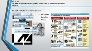 TÍTULO II
De la Facilitación Aduanera para el Comercio De lo Sustantivo Aduanero
Capítulo I
Art. 108.-Tributos al Comercio Exterior.-
Los derechos arancelarios
Los impuestos
Las tasas por servicios aduanero
• Ad-Valórem
• Específicos
• Mixtos
 