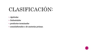  Agrícolas
 Industriales
 productos terminados
 semielaborados o de materias primas.
 