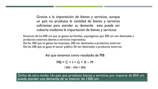 Gracias a la importación de bienes y servicios, aunque
un país no produzca la cantidad de bienes y servicios
suficientes para atender su demanda esta puede ser
cubierta mediante la importación de bienes y servicios:
Entonces de los 600 um que se gastan las familias, supongamos que 200 um van destinadas a
productos externos (bienes y servicios importados)
De los 300 que se gastan las empresas, 200 van destinados a productos externos
De los 200 que se gasta el sector público 50 van destinados a productos externos
Así que tenemos como resultado de PIB
PIB = C + I + G + X – M
1300 – 450 = 850
Dicho de otro modo: Un país que produzca bienes y servicios por importe de 850 um
puede atender una demanda de su interior de 1300 um
Dicho de otro modo: Un país que produzca bienes y servicios por importe de 850 um
puede atender una demanda de su interior de 1300 um
 