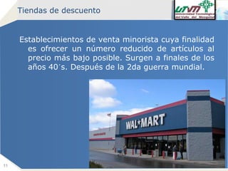 Tiendas de descuento

Establecimientos de venta minorista cuya finalidad
es ofrecer un número reducido de artículos al
precio más bajo posible. Surgen a finales de los
años 40´s. Después de la 2da guerra mundial.

11

Company name

 