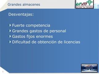 Grandes almacenes

Desventajas:
Fuerte competencia
Grandes gastos de personal
Gastos fijos enormes
Dificultad de obtención de licencias

5

Company name

 