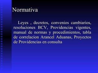 Normativa   Leyes , decretos, convenios cambiarios, resoluciones BCV, Providencias vigentes, manual de normas y procedimientos, tabla de correlacion Arancel Aduanas, Proyectos de Providencias en consulta 