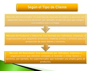 Según el Tipo de Cliente
Mercado del Consumidor: En este tipo de mercado los bienes y servicios son
adquiridos para un uso personal, por ejemplo, la ama de casa que compra
una lavadora para su hogar.

Mercado del Productor o Industrial: Está formado por individuos, empresas u
organizaciones que adquieren productos, materias primas y servicios para la
producción de otros bienes y servicios.

Mercado del Revendedor: Está conformado por individuos, empresas u
organizaciones que obtienen utilidades al revender o rentar bienes y
servicios, por ejemplo, los supermercados que revenden una amplia gama de
productos.

 