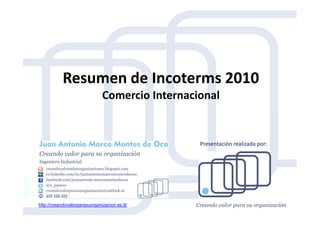 Resumen de Incoterms 2010
Comercio Internacional
http://creandovalorparasuorganizacion.es.tl/
Presentación realizada por:
 