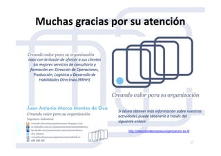 Muchas gracias por su atención
nace con la ilusión de ofrecer a sus clientes
los mejores servicios de consultoría y
formación en: Dirección de Operaciones,
Producción, Logística y Desarrollo de
Habilidades Directivas (RRHH)
http://creandovalorparasuorganizacion.es.tl/
Si desea obtener más información sobre nuestras
actividades puede obtenerla a través del
siguiente enlace:
Habilidades Directivas (RRHH)
17
 