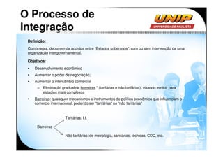O Processo de
Integração
 Definição:
 Como regra, decorrem de acordos entre “Estados soberanos”, com ou sem intervenção de uma
 organização intergovernamental.

 Objetivos:
 •   Desenvolvimento econômico
 •   Aumentar o poder de negociação;
 •   Aumentar o intercâmbio comercial
      – Eliminação gradual de barreiras * (tarifárias e não tarifárias), visando evoluir para
        estágios mais complexos
 •   Barreiras: quaisquer mecanismos e instrumentos de política econômica que influenciam o
     comércio internacional, podendo ser “tarifárias” ou “não tarifárias”


                       Tarifárias: I.I.

      Barreiras

                       Não tarifárias: de metrologia, sanitárias, técnicas, CDC, etc.
 