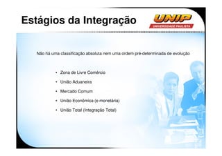 Estágios da Integração

  Não há uma classificação absoluta nem uma ordem pré-determinada de evolução



           • Zona de Livre Comércio

           • União Aduaneira

           • Mercado Comum

           • União Econômica (e monetária)

           • União Total (Integração Total)
 