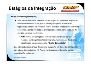 Estágios da Integração
 União Econômica (e monetária)

      •   Além das características do Mercado Comum, procura harmonizar as políticas
          econômicas nacionais. Com isso, os países participantes mudam suas
          legislações para torná-las coerentes com os princípios estabelecidos pela União
          Econômica, visando: liberdade na circulação de pessoas, bens, prestação de
          serviços, capitais e concorrência.

            • Nota: Inclui a coordenação de políticas macroeconômicas (taxa de juros,
              regras de câmbio; políticas fiscais integradas, harmonização dos direitos
              trabalhistas e previdenciários, etc. (“Direito Comunitário”)

 •   Ex.: A União Europeia, criou o “Parlamento Europeu” e um Banco Central da união,
     com adoção de moeda única (€). Alguns membros podem não adotar a união
     monetária (Ex. Inglaterra)

 •   www.europa.eu
 