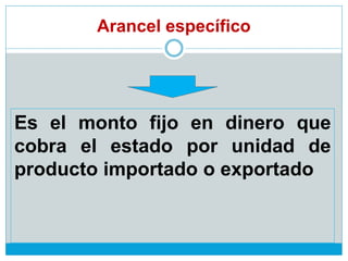 Arancel específico
Es el monto fijo en dinero que
cobra el estado por unidad de
producto importado o exportado
 