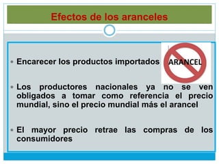 Efectos de los aranceles
 Encarecer los productos importados
 Los productores nacionales ya no se ven
obligados a tomar como referencia el precio
mundial, sino el precio mundial más el arancel
 El mayor precio retrae las compras de los
consumidores
 