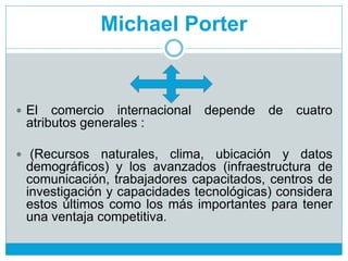 Michael Porter
 El comercio internacional depende de cuatro
atributos generales :
 (Recursos naturales, clima, ubicación y datos
demográficos) y los avanzados (infraestructura de
comunicación, trabajadores capacitados, centros de
investigación y capacidades tecnológicas) considera
estos últimos como los más importantes para tener
una ventaja competitiva.
 