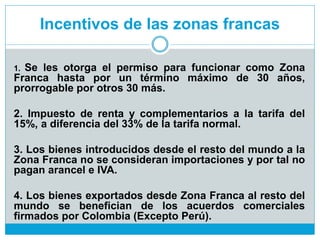 Incentivos de las zonas francas
1. Se les otorga el permiso para funcionar como Zona
Franca hasta por un término máximo de 30 años,
prorrogable por otros 30 más.
2. Impuesto de renta y complementarios a la tarifa del
15%, a diferencia del 33% de la tarifa normal.
3. Los bienes introducidos desde el resto del mundo a la
Zona Franca no se consideran importaciones y por tal no
pagan arancel e IVA.
4. Los bienes exportados desde Zona Franca al resto del
mundo se benefician de los acuerdos comerciales
firmados por Colombia (Excepto Perú).
 