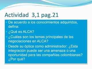 Actividad 3,1 pag.21
 De acuerdo a los conocimientos adquiridos,
defina:
 ¿Qué es ALCA?
 ¿Cuáles son los temas principales de las
negociaciones en ALCA?
 Desde su óptica como administrador: ¿Esta
integración puede ser una amenaza o una
oportunidad para las compañías colombianas?
¿Por qué?
 