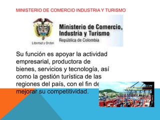 MINISTERIO DE COMERCIO INDUSTRIA Y TURISMO




Su función es apoyar la actividad
empresarial, productora de
bienes, servicios y tecnología, así
como la gestión turística de las
regiones del país, con el fin de
mejorar su competitividad.
 