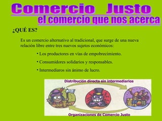 ¿QUÉ ES? Es un comercio alternativo al tradicional, que surge de una nueva relación libre entre tres nuevos sujetos económicos: Los productores en vías de empobrecimiento. Consumidores solidarios y responsables . Intermediaros sin ánimo de lucro . Distribución directa sin intermediarios Organizaciones de Comercio Justo 