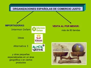 ORGANIZACIONES ESPAÑOLAS DE COMERCIO JUSTO IMPORTADORAS : Intermon Oxfam Ideas Alternativa 3 y otras pequeñas especializadas en un área geográfica o en ciertos productos VENTA AL POR MENOR: más de 80 tiendas 