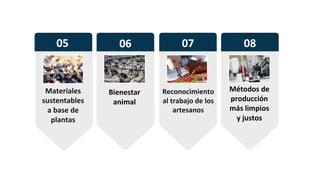 Métodos de
producción
más limpios
y justos
Reconocimiento
al trabajo de los
artesanos
Bienestar
animal
05
Materiales
sustentables
a base de
plantas
07
06 08
 
