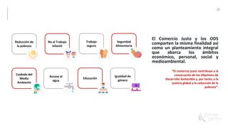 20
El Comercio Justo y los ODS
comparten la misma finalidad así
como un planteamiento integral
que abarca los ámbitos
económico, personal, social y
medioambiental.
“El comercio justo contribuye a la
consecución de los Objetivos de
Desarrollo Sostenible y, por tanto, a la
justicia global y la reducción de la
pobreza”.
Reducción de
la pobreza
No al Trabajo
Infantil
Cuidado del
Medio
Ambiente
Acceso al
agua
Trabajo
seguro
Educación
Seguridad
Alimentaria
Igualdad de
género
 