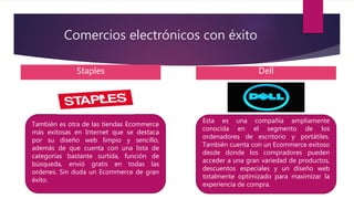 Comercios electrónicos con éxito
Staples Dell
También es otra de las tiendas Ecommerce
más exitosas en Internet que se destaca
por su diseño web limpio y sencillo,
además de que cuenta con una lista de
categorías bastante surtida, función de
búsqueda, envió gratis en todas las
ordenes. Sin duda un Ecommerce de gran
éxito.
Esta es una compañía ampliamente
conocida en el segmento de los
ordenadores de escritorio y portátiles.
También cuenta con un Ecommerce exitoso
desde donde los compradores pueden
acceder a una gran variedad de productos,
descuentos especiales y un diseño web
totalmente optimizado para maximizar la
experiencia de compra.
 