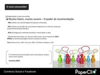 O novo consumidor


  Organizações e novo consumidor
  Muitos falam, muitos ouvem – O poder da recomendação
   - 90% confiam nas recomendações de pessoas conhecidas;

   -70% confiam em opiniões de consumidores disponíveis na internet, ainda que
   provenientes de desconhecidos.

   - 82% dos blogueiros comentam produtos e marca todos os dias;

   - Opinião dos internautas, em sites de redes sociais, causa impacto de US$ 2
   bilhões na venda de passagens aéreas e pacotes turísticos.

   Fonte: Nielsen Online, 2009; Technorati, 2008; e TNS Media Intelligence, 2010.




     É o momento da comunicação entre consumidores, tendo a
     marca como suporte.

     Coutinho (2007)




Comércio Social e Facebook
 