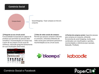 Comércio Social




             Compra Social               Social Shopping – Fazer compras on-line em
                                         conjunto




 Pergunte ao seu círculo social:             Sites de redes sociais de compras:          Portais de compras sociais: Capacitar pessoas
Funcionalidade incorporada em páginas de     Permite que pessoas comprem onde eles        para compras em conjunto, utilizando
produtos que permitem às pessoas obter       se conectam, utilizando ambientes de         ferramentas de social shopping, muitas vezes
conselhos e recomendações em tempo real,     redes sociais para solicitarem pareceres e   combinados com classificações e opiniões,
a partir de seu próprio círculo social de    recomendações ao seu círculo social;         recomendações e referências (por exemplo,
confiança, colocando perguntas diretamente                                                Kaboodle, ThisNext).
em suas atualizações (feed news)




 Comércio Social e Facebook
 