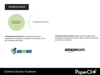 Comércio Social




         Classificações e               Avaliações de terceiros.
          Comentários




 Análises Patrocinadas: São comentários feitos por                 Testemunhos de clientes: Relatos de clientes geralmente
especialistas ou empresas em plataformas de mídias sociais         publicados em páginas de produtos, blogs ou fóruns, permitindo
(por exemplo, PayPerPost);                                         comentários e discussão.


Classificações e Análises de Clientes




Comércio Social e Facebook
 