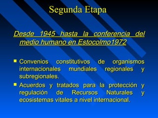 SSeegguunnddaa EEttaappaa 
DDeessddee 11994455 hhaassttaa llaa ccoonnffeerreenncciiaa ddeell 
mmeeddiioo hhuummaannoo eenn EEssttooccoollmmoo1199722 
 CCoonnvveenniiooss ccoonnssttiittuuttiivvooss ddee oorrggaanniissmmooss 
iinntteerrnnaacciioonnaalleess mmuunnddiiaalleess rreeggiioonnaalleess yy 
ssuubbrreeggiioonnaalleess.. 
 AAccuueerrddooss yy ttrraattaaddooss ppaarraa llaa pprrootteecccciióónn yy 
rreegguullaacciióónn ddee RReeccuurrssooss NNaattuurraalleess yy 
eeccoossiisstteemmaass vviittaalleess aa nniivveell iinntteerrnnaacciioonnaall.. 
 