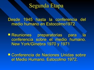 SSeegguunnddaa EEttaappaa 
DDeessddee 11994455 hhaassttaa llaa ccoonnffeerreenncciiaa ddeell 
mmeeddiioo hhuummaannoo eenn EEssttooccoollmmoo11997722 
 RReeuunniioonneess pprreeppaarraattoorriiaass ppaarraa llaa 
ccoonnffeerreenncciiaa ssoobbrree eell mmeeddiioo hhuummaannoo.. 
NNeeww YYoorrkk/GGiinneebbrraa 11997700 yy 11997711 
 CCoonnffeerreenncciiaa ddee NNaacciioonneess UUnniiddaass ssoobbrree 
eell MMeeddiioo HHuummaannoo.. EEssttooccoollmmoo 11997722.. 
 