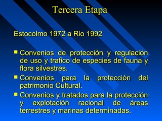 TTeerrcceerraa EEttaappaa 
EEssttooccoollmmoo 11997722 aa RRiioo 11999922 
 CCoonnvveenniiooss ddee pprrootteecccciióónn yy rreegguullaacciióónn 
ddee uussoo yy ttrraaffiiccoo ddee eessppeecciieess ddee ffaauunnaa yy 
fflloorraa ssiillvveessttrreess.. 
 CCoonnvveenniiooss ppaarraa llaa pprrootteecccciióónn ddeell 
ppaattrriimmoonniioo CCuullttuurraall.. 
 CCoonnvveenniiooss yy ttrraattaaddooss ppaarraa llaa pprrootteecccciióónn 
yy eexxpplloottaacciióónn rraacciioonnaall ddee áárreeaass 
tteerrrreessttrreess yy mmaarriinnaass ddeetteerrmmiinnaaddaass.. 
 